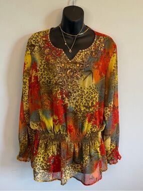 Multiples Embellished Floral Leopard Peplum Tunic - Yellow/Red/Blue